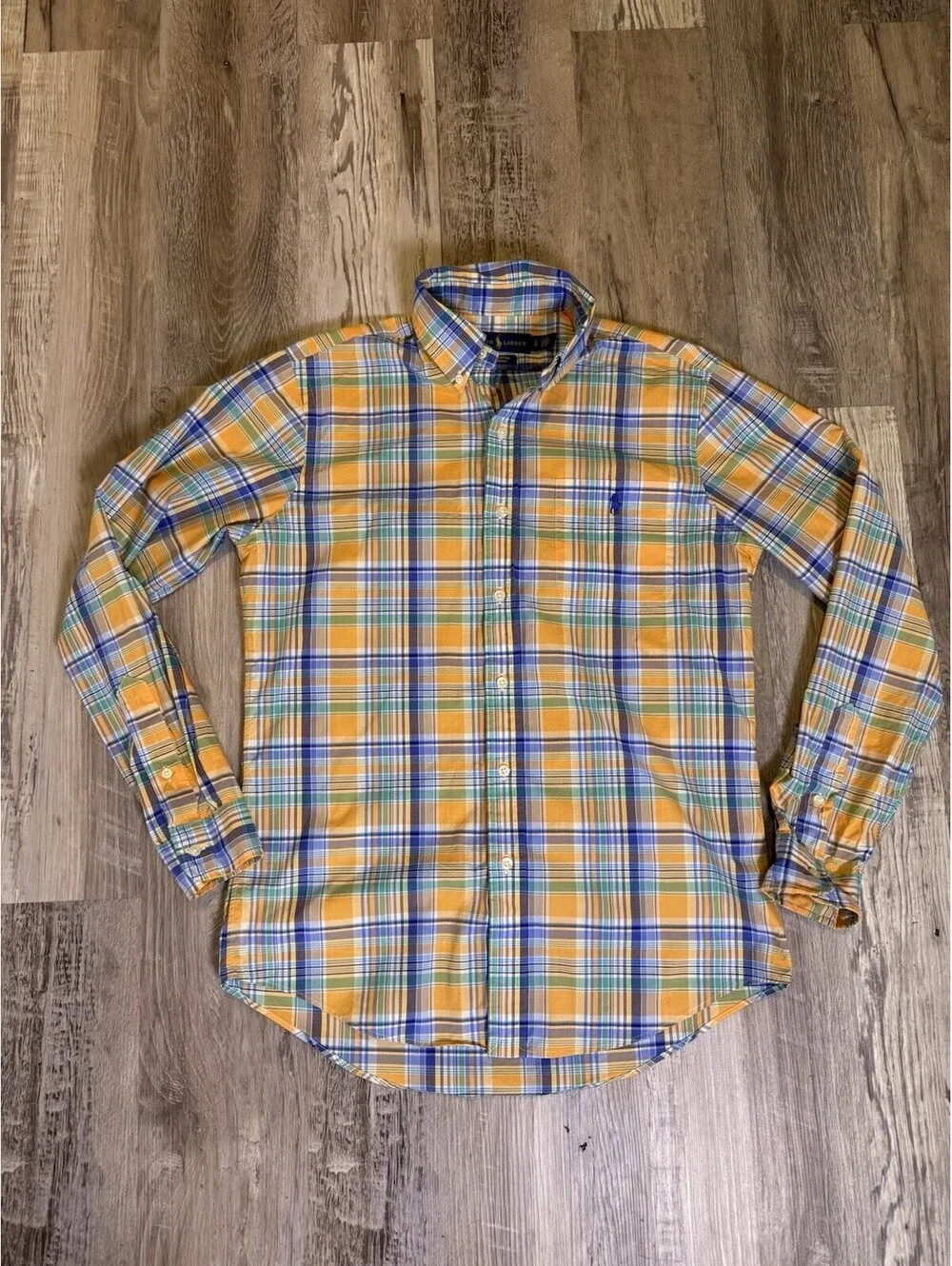 Polo Ralph Lauren Men Small S Plaid Button Down Shirt Orange Blue Cotton Stretch